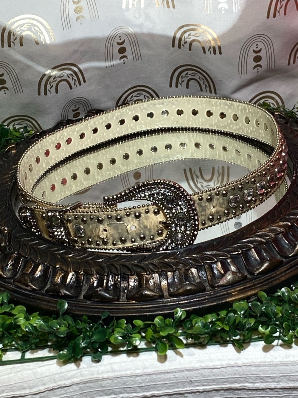 Studded Western-Style Belt in Gold and Cream